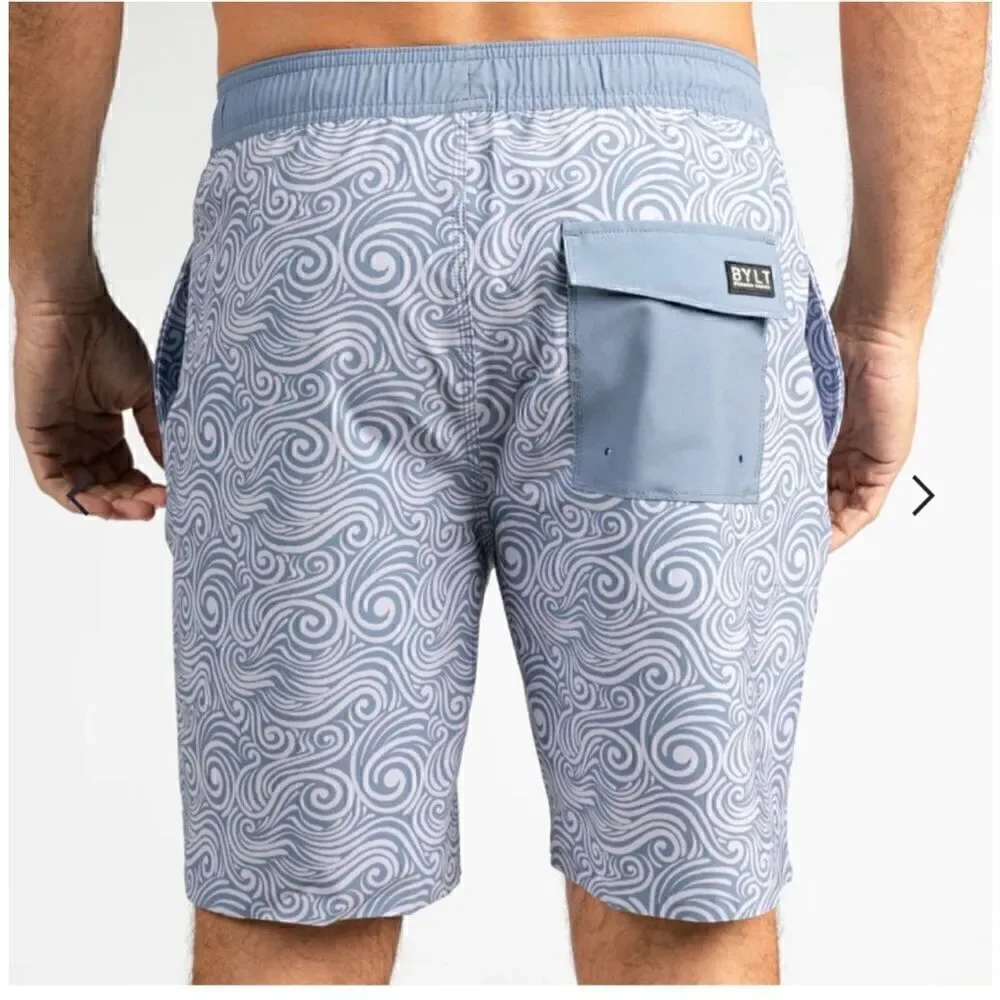 BYLT Basics Men’s Coastal Boardshort 2.0 Hybrid All Over Wave Print Black and Sa